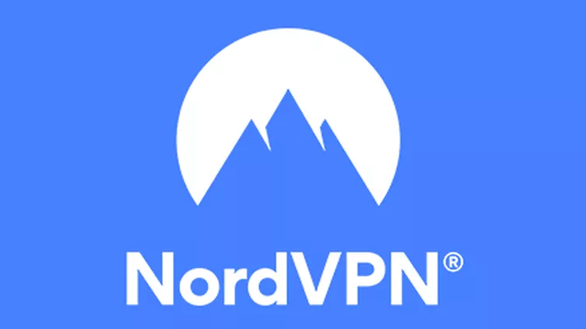 NordVPN's logo, the name of the company next to a white mountain.
